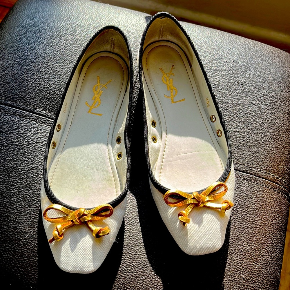 YSL ballerina flat shoes canvas with leather trim and gold ribbon accent